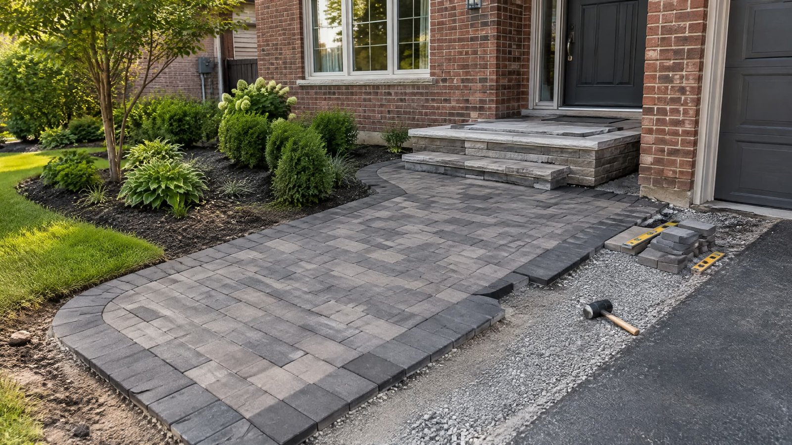 Paver and step installation in progress