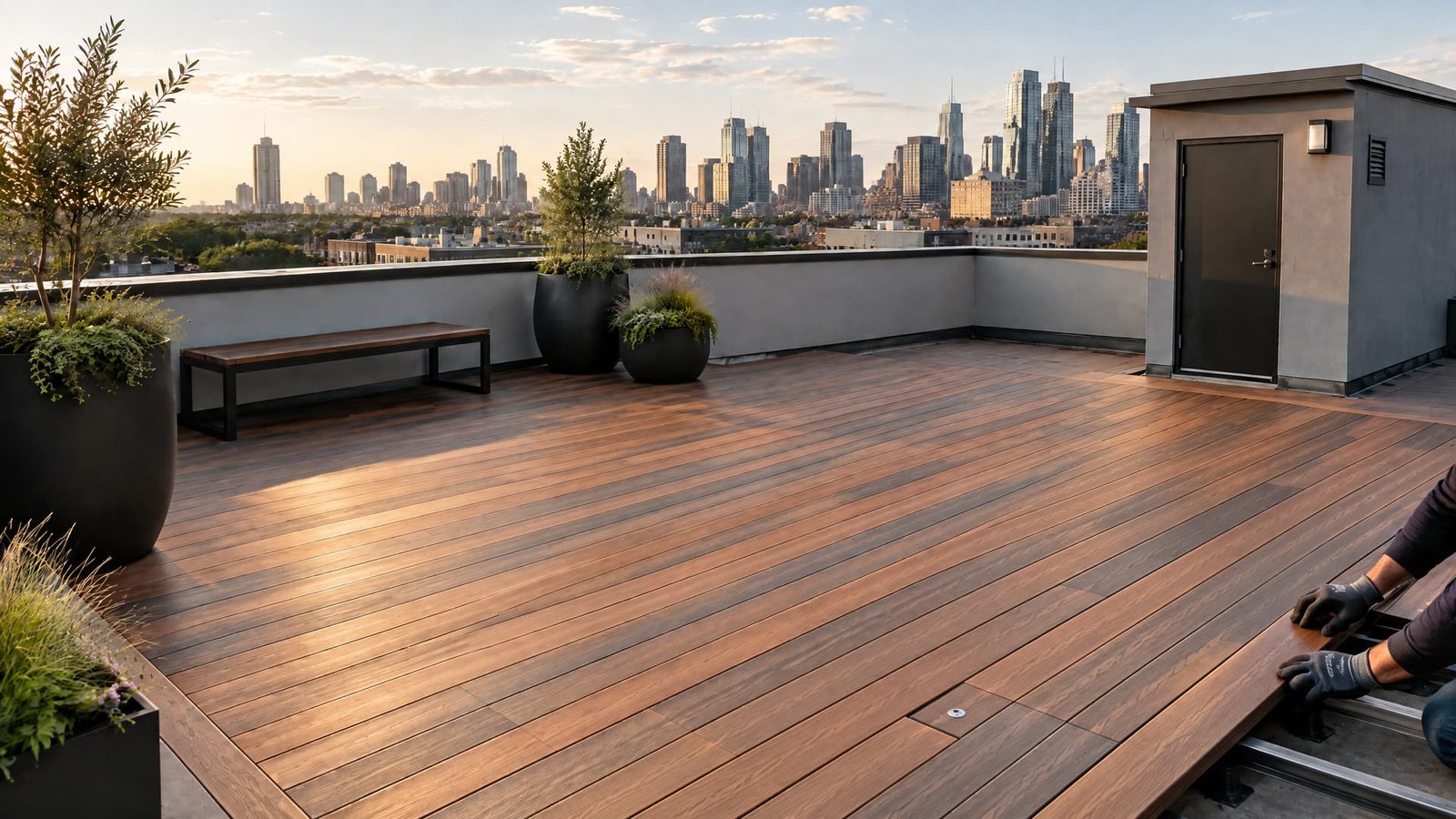 Deck trim, access panels, and planter detailing