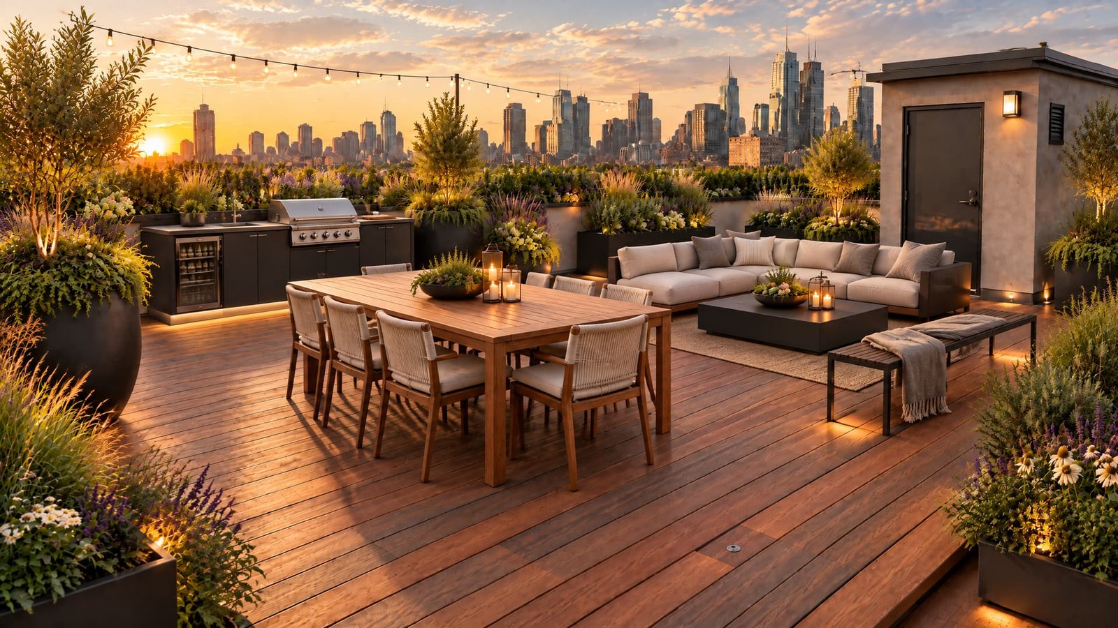 Outdoor kitchen, furniture, and lighting stage
