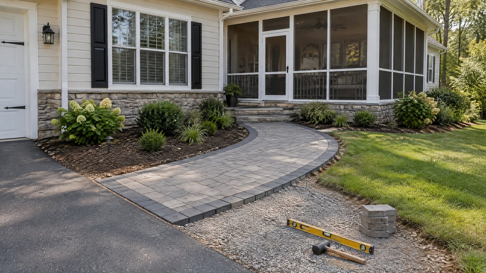 Paver walkway installation in progress