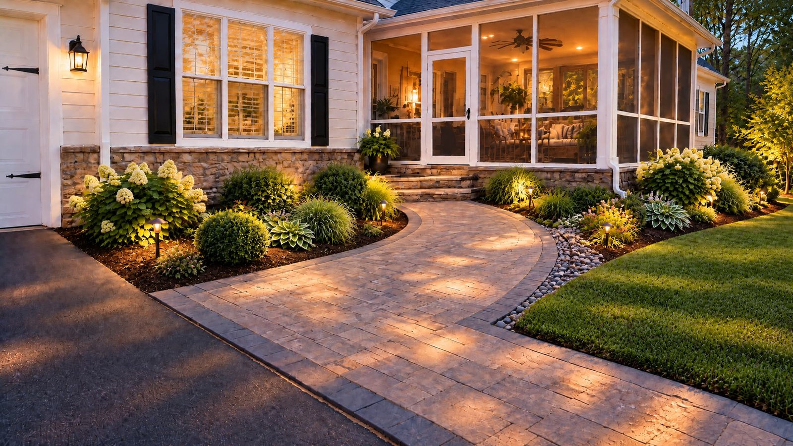Completed screened-porch landscape reveal